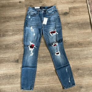 Judy Blue Distressed Ankle Jeans with Red Accents